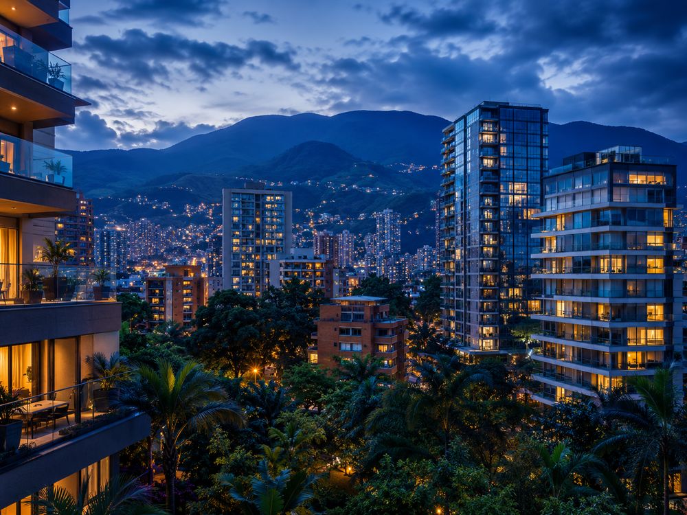 El Poblado at blue hour, glass apartment towers lit against the green mountains of the Aburrá Valley