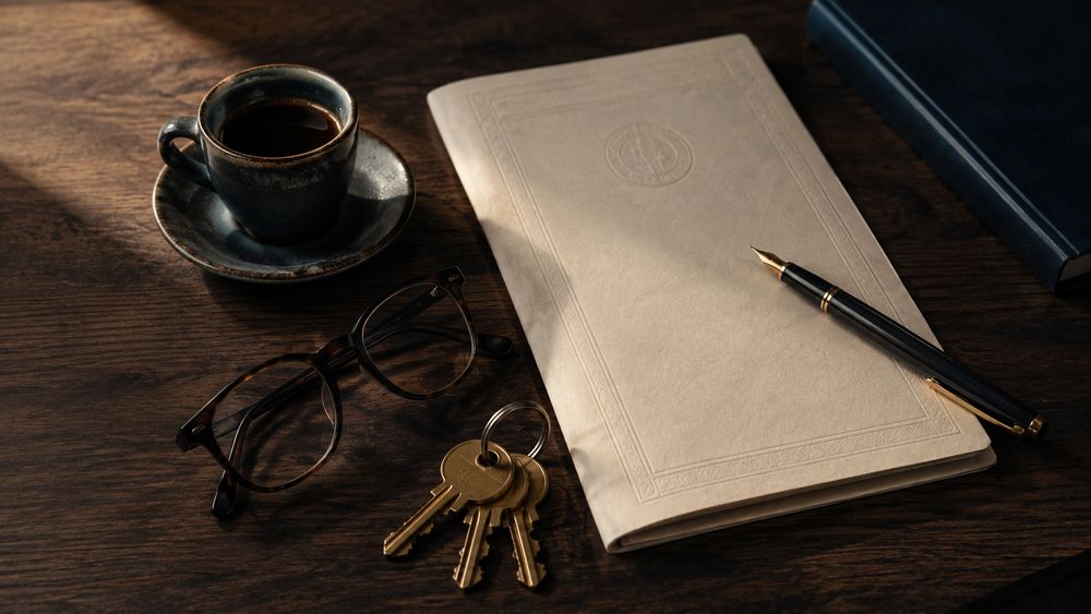 A folded deed document, brass keys, reading glasses and a cup of coffee on a wooden desk