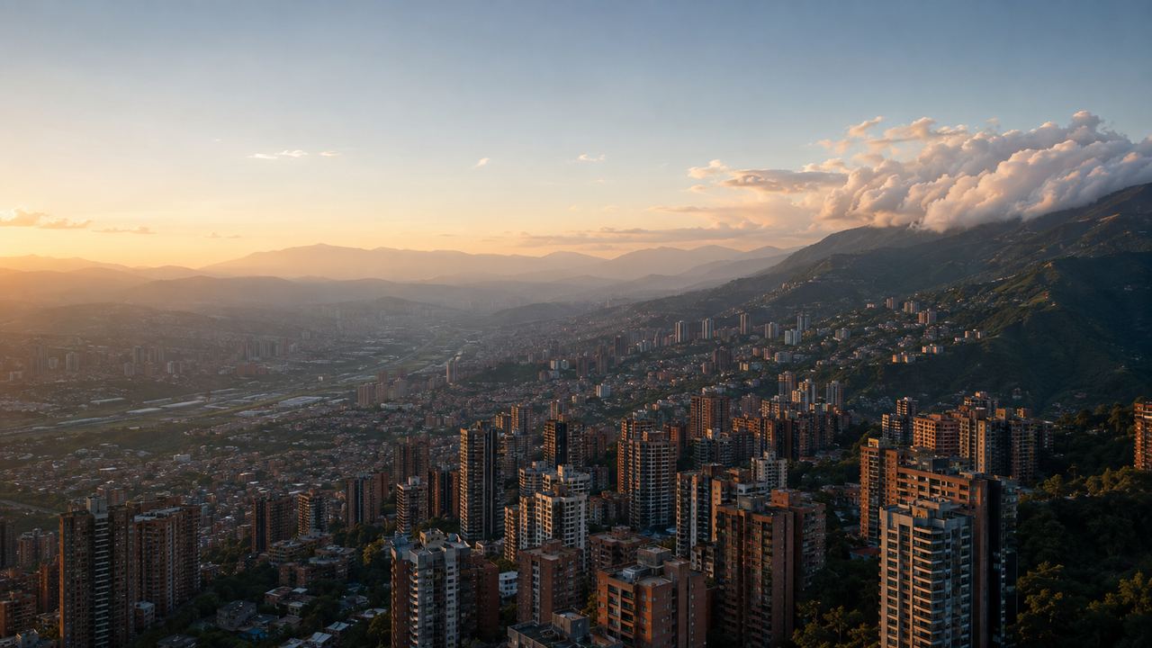 The Aburrá Valley at golden hour, apartment towers climbing the green eastern slope of Medellín